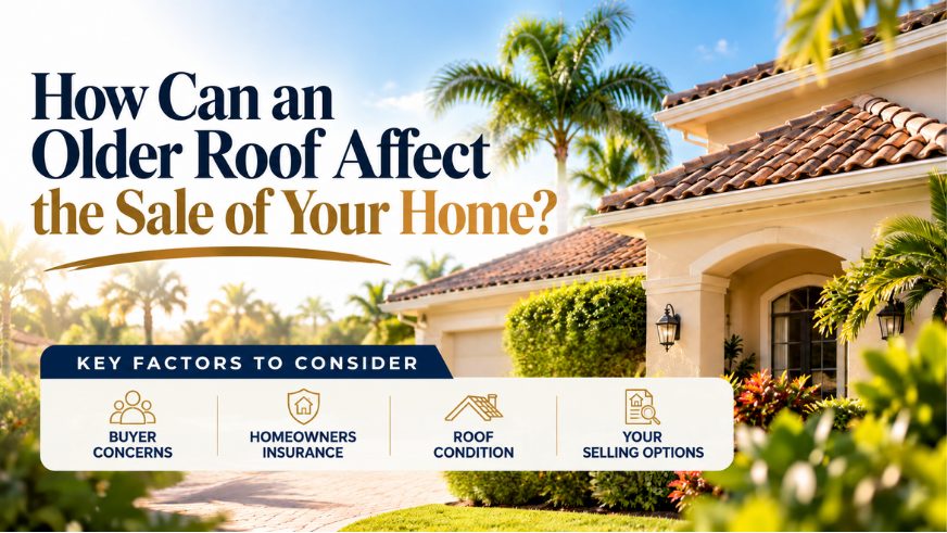 South Florida home with an aging tile roof and palm trees, illustrating how roof condition can affect buyers, homeowners insurance, and selling options.