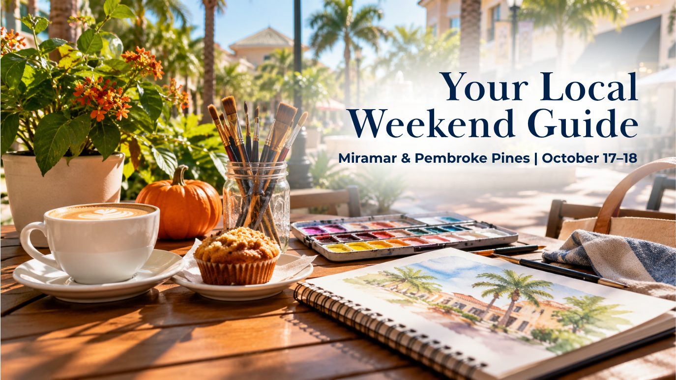 Outdoor café table with painting supplies, coffee, and fall decorations surrounded by tropical greenery, representing weekend activities in Miramar and Pembroke Pines.