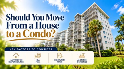 Modern South Florida condominium building with palm trees, highlighting key factors when moving from a house to a condo, including HOA fees, maintenance, condo rules, and lifestyle.